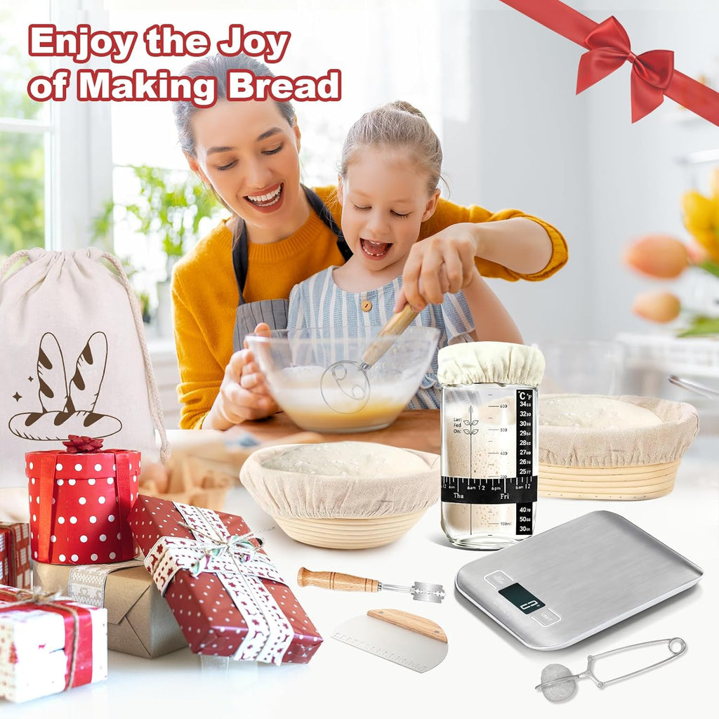 Skiennix Sourdough Starter Kit - Complete Baking Supplies with Scale, Glass Jar & Proofing Basket