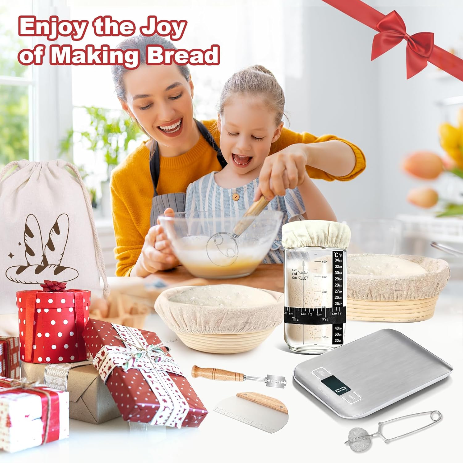 Skiennix Sourdough Starter Kit - Complete Baking Supplies with Scale, Glass Jar & Proofing Basket