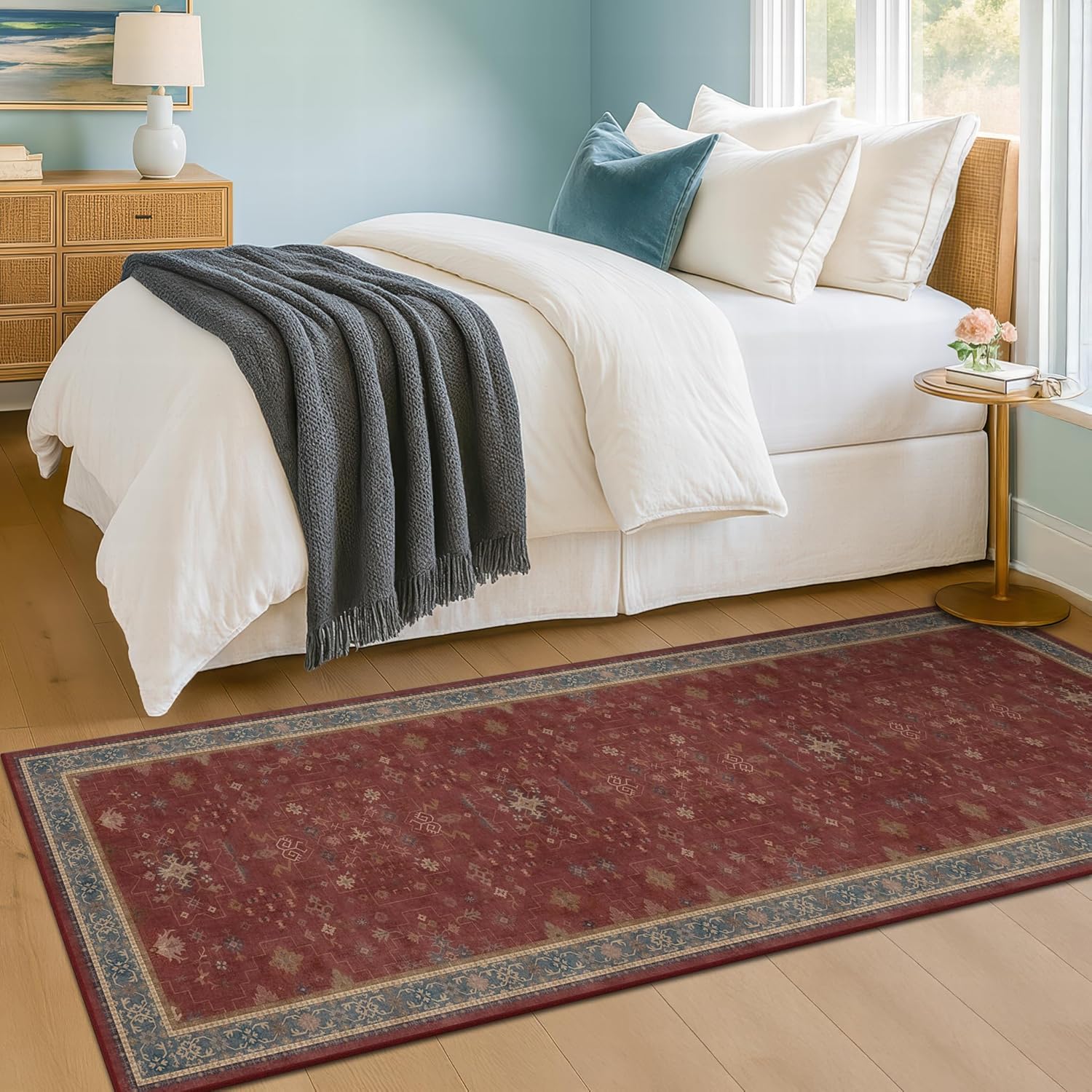 Turkish Kitchen Runner Rugs - Non-Skid Washable Design for Hallway, Bedroom & Bathroom | Dark Red