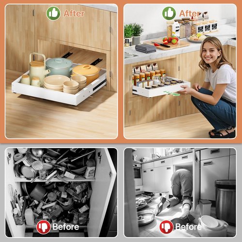 BUFOR 1 Pack Pull out Cabinet Organizer, Width (12"-19") Depth (17"-23"), with 3 Rails Adjustable Slide, Expandable Pullout Drawers for Cabinets, No Drill Adhesive Kitchen Drawers for Pantry Shelves