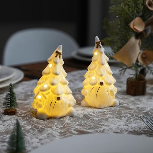 AOMOONOA Ceramic Christmas Tree Gnomes - Lighted Tabletop Decor for Indoor Holiday Cheer - White