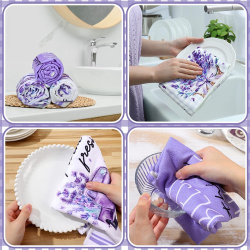VitalCozy 6 Pcs Lavender Summer Kitchen Towel Set Funny Housewife Farmhouse Rustic Bath Hand Towel for Holiday Bathroom Gift, 24 x 16 Inches(Purple,Lavender)