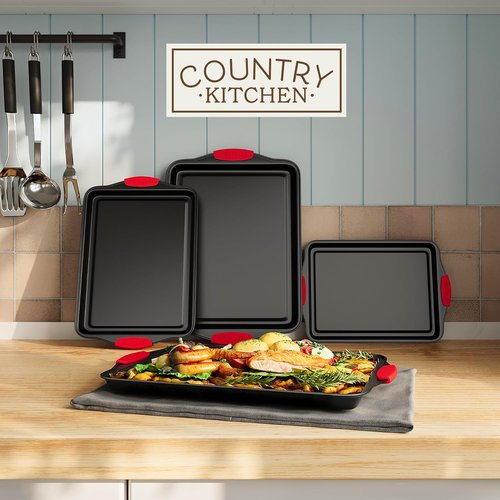 Country Kitchen Nonstick Bakeware Set - Heavy Duty, Easy Release, Stackable Design | Red, 4 Pcs