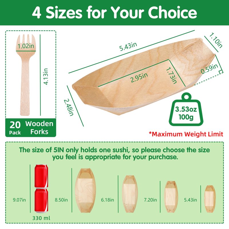 Suwodpak 200-Pack Wooden Disposable Plates 5 IN Boat Plates Food Trays Disposable Dessert Plates Disposable Food Boats for Party Weddings Picnic (Actual Size Used: 2.95" D x 1.73" W x 0.59" H)