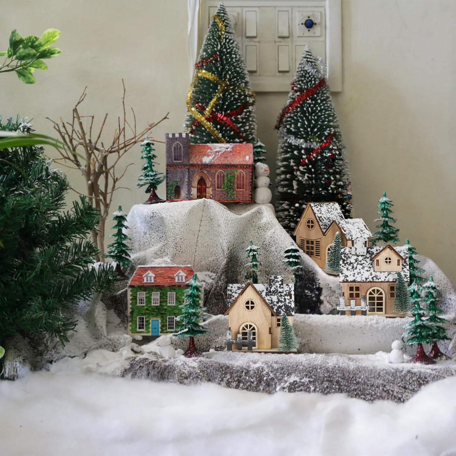 Toyvian Christmas Village Houses Decor - 3 Pcs Glowing Wooden Cabin Set with Lights for Holiday Centerpieces