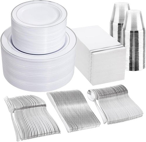 GATHER 700PCS Silver Plastic Plates - Silver Disposable Dinnerware Sets 100 Guest Include 200 Plates, 300 Silverware, 100 Napkins, 100 Cups For Wedding & Party