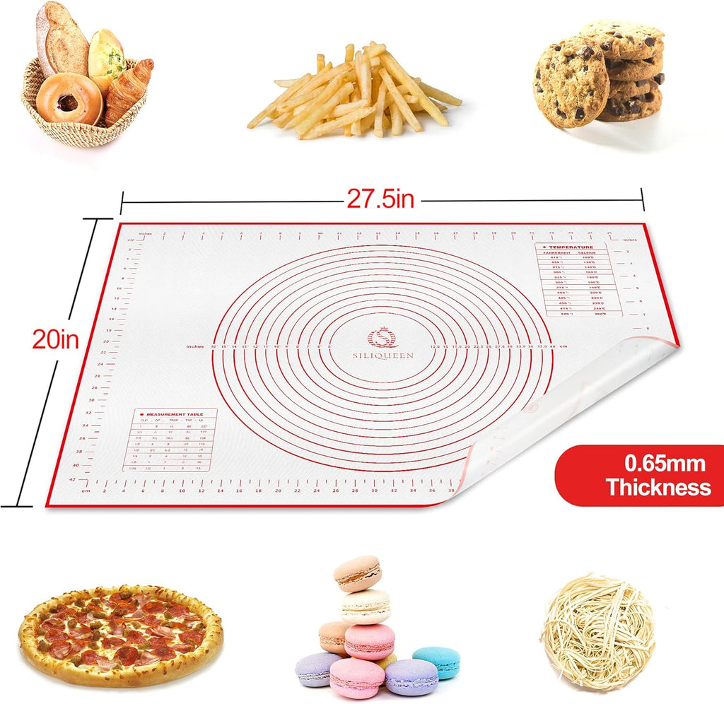 Skiennix Silicone Pastry Baking Mat - Heat Resistant, Non-Stick, BPA Free | 27.5” x 20” Red with Brush & Scraper