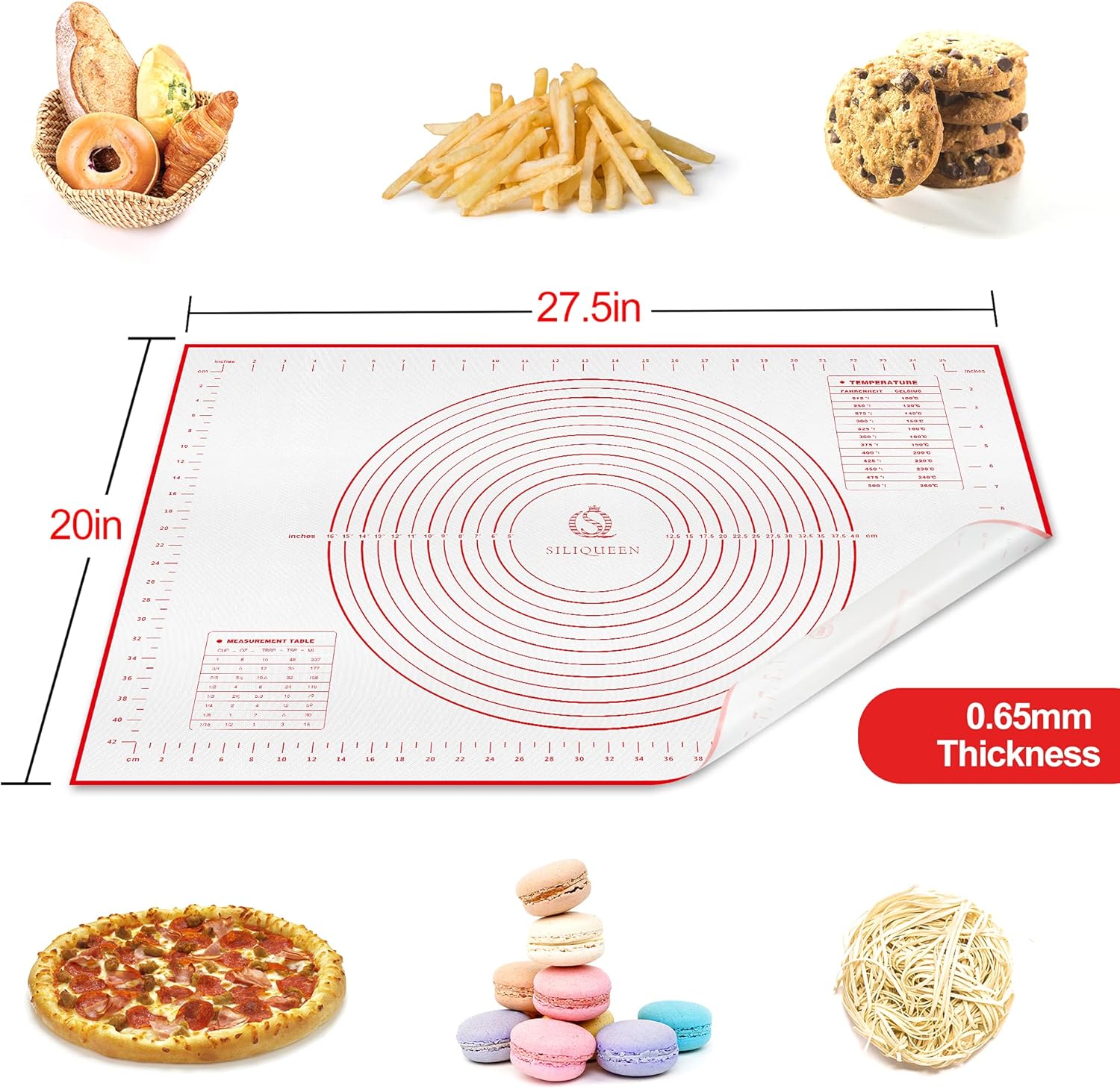 Skiennix Silicone Pastry Baking Mat - Heat Resistant, Non-Stick, BPA Free | 27.5” x 20” Red with Brush & Scraper