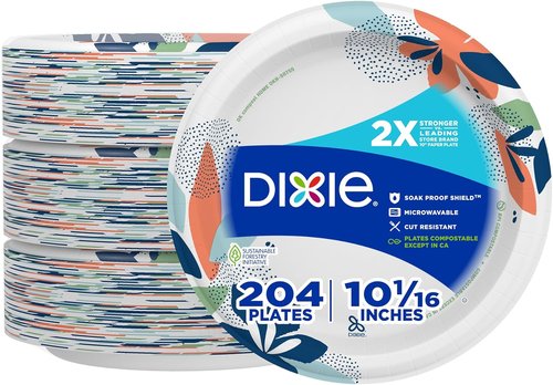 Dixie Large Paper Plates - 10 Inch, 204 Count | Microwave-Safe, Soak-Proof & Cut Resistant