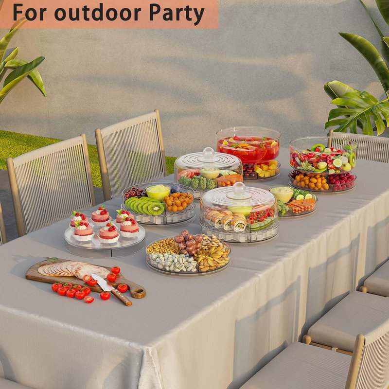 Spormmkuy 360°Rotatable Cake Stand with Dome Lid, 9in Cake Plates, Chilled Divided Veggie Fruit Serving Tray,Multi-Functional Snack Serving Platter with Cover,Lazy Susan Serving Tray