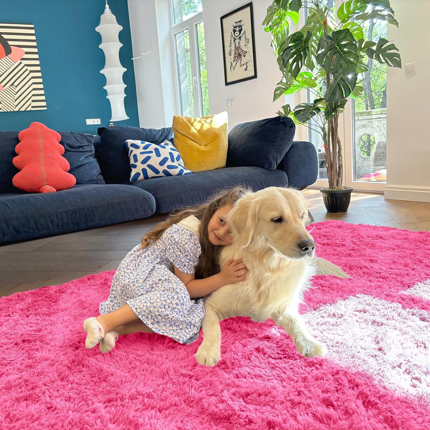 OLANLY Area Rug - Soft Fluffy Shaggy Carpet for Living Room & Bedroom | Machine Washable 4x5.9 ft - Hot Pink