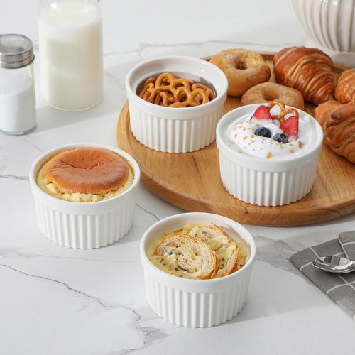 MALACASA Ramekins - 8 oz Oven Safe Porcelain Baking Cups Set of 6 | White Creme Brulee & Souffle Dishes