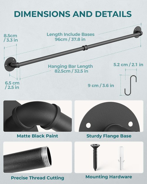 OROPY 38 inch Pot Bar Rack Wall Mounted Detachable Pans Hanging Rail Kitchen Lids Utensils Hanger with 14 S Hooks Black