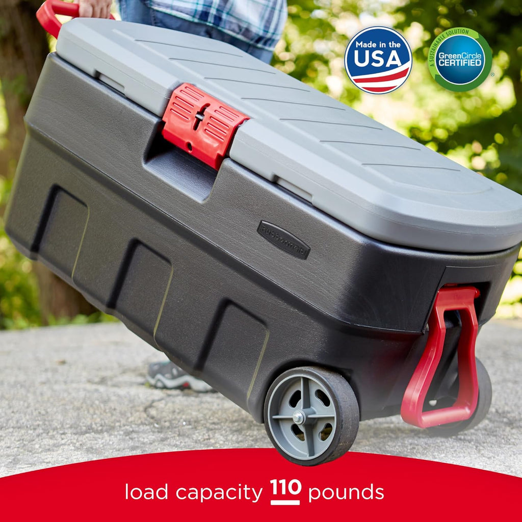Rubbermaid ActionPacker 35 Gallon Storage Bin - Lockable, Durable Plastic with Wheels | Gray & Black