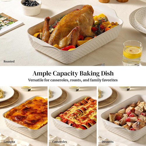 DOWAN 9x13 Deep Lasagna Baking Dish - Durable Ceramic Casserole Pan with Handles | 4 Quarts, Oven Safe, Arctic White