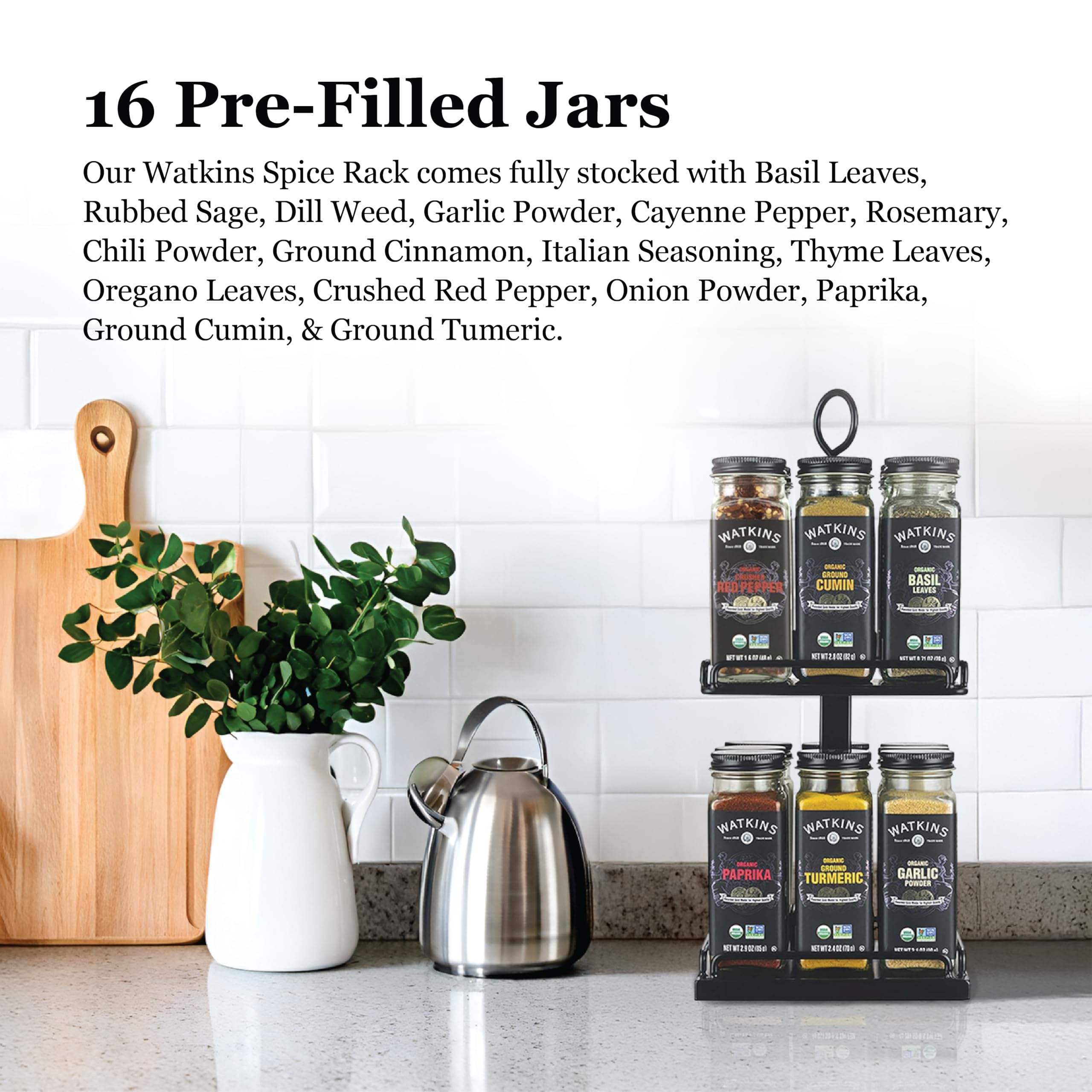 Watkins Countertop Two Tier Rotating Spice Rack, Includes 16 Watkins Organic Spices (16608)