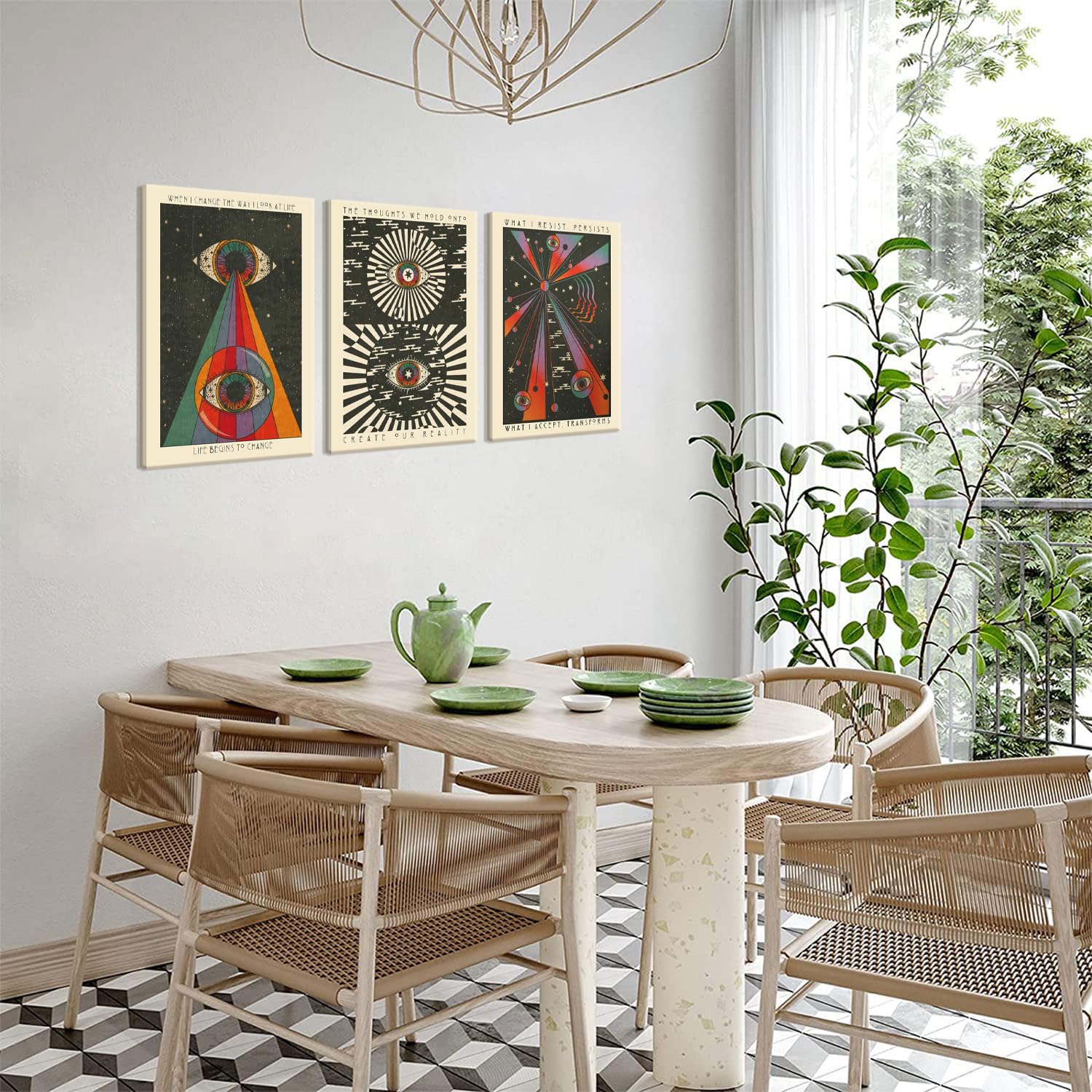 Framed Retro Hippie Wall Art Set of 3, Meditation Psyche Delic Eyes Canvas Art Boho 70's Teen Wall Decor Inspirational Quote Painting Pictures Printsfor Bedroom Living Room16x24in