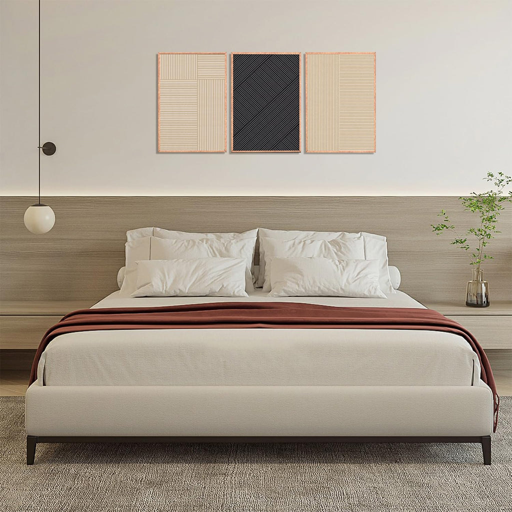 KAIRNE Modern Minimalist Wall Art Set of 3, Beige and Black Striped Geometric Prints with Wood Frame, Abstract Textured Wall Decor for Living Room, Bedroom, Office - 16x24 inch