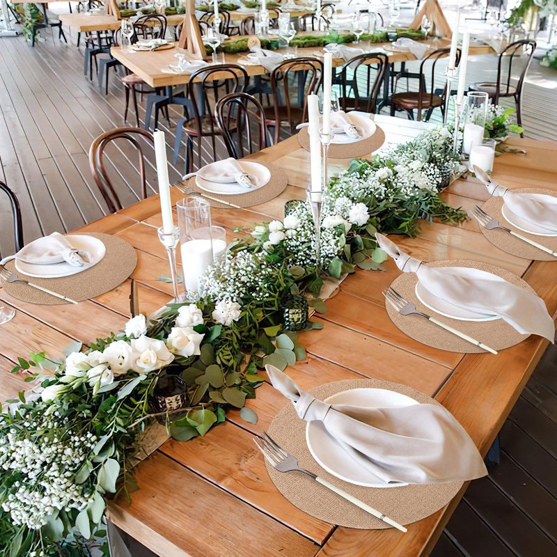 SEPGLITTER 24 Pcs Round Burlap Placemats Bulk 11.8 inches Brown Reusable Natural Jute Table Mats for Wedding Dinner Party Farmhouse Dinner Table Decor
