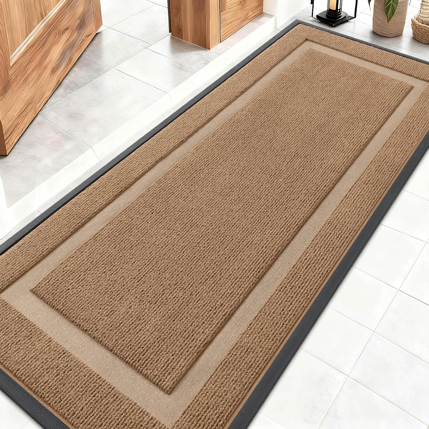 OLANLY Indoor Outdoor Front Door Mat - Waterproof All-Weather Doormat, Easy Clean, 59x20, Light Brown