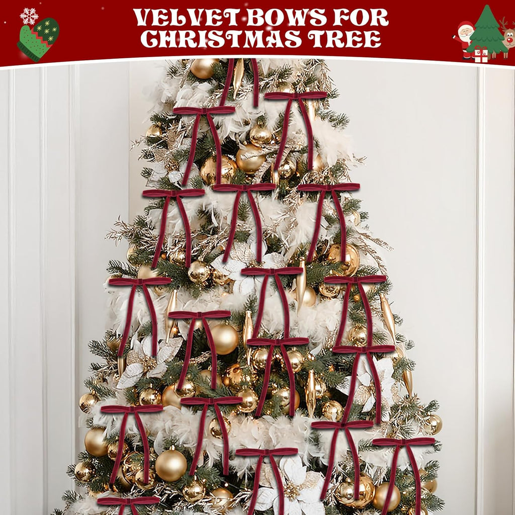 Regine Switzerland 24 Pcs Red Velvet Christmas Ornaments - Rustic Pre-Tied Bows for Holiday Décor | 5x7 Inch
