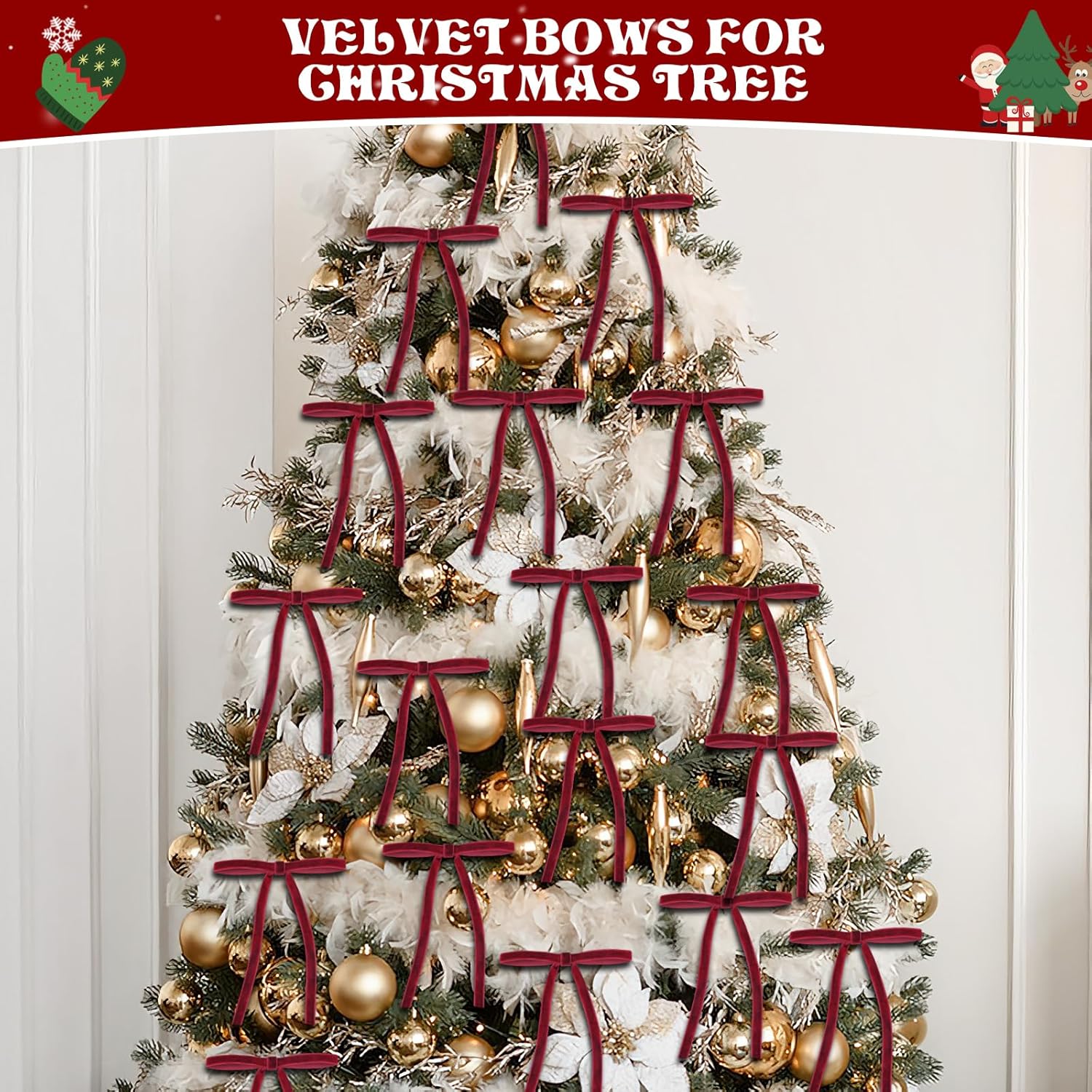 Regine Switzerland 24 Pcs Red Velvet Christmas Ornaments - Rustic Pre-Tied Bows for Holiday Décor | 5x7 Inch