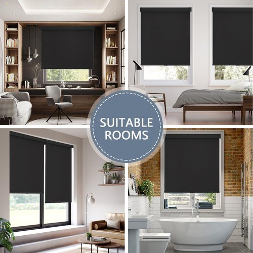 AOSKY Blackout Roller Shades Cordless Blinds for Windows, Free-Stop Shades with Valance, Thermal Insulated Fabric, UV Protection, Natural Woven Blinds for Home and Office (29" W x 72" H, Black)