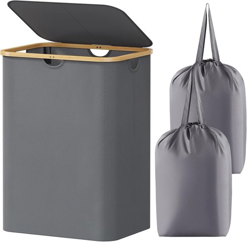 Lifewit 150L Laundry Basket - Foldable Hamper with Lid, Bamboo Handles & 2 Removable Bags | Grey