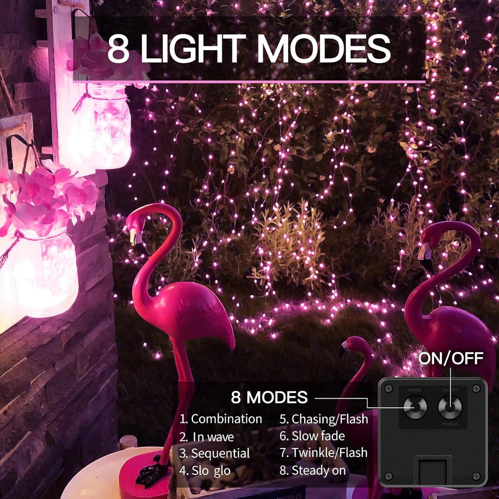 Suddus Pink Solar String Lights - 66ft 200 LED Fairy Lights | 8 Modes for Outdoor Halloween Decor