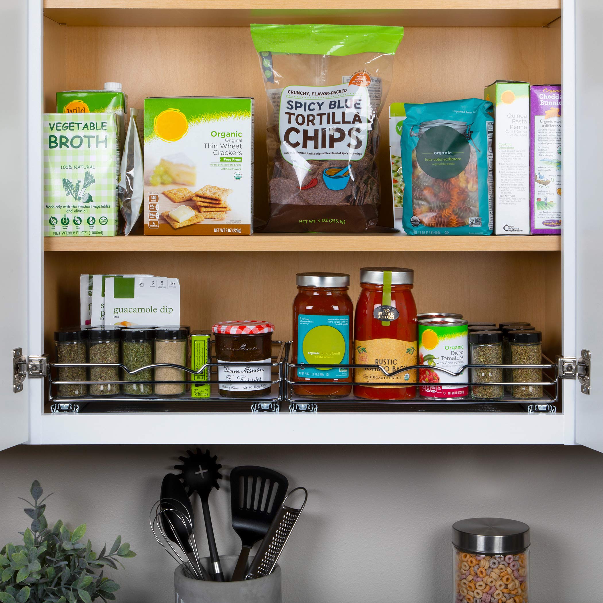 Pull-Out Cabinet Spice Rack Organizer - Slim Slide-Out Storage for Spices, Bottles & Jars, Premium Heavy-Duty Steel, Easy Install for Narrow Kitchen Cabinets - 14 ⅜ W x 10 ⅜ D x 2 ¾ H, Chrome