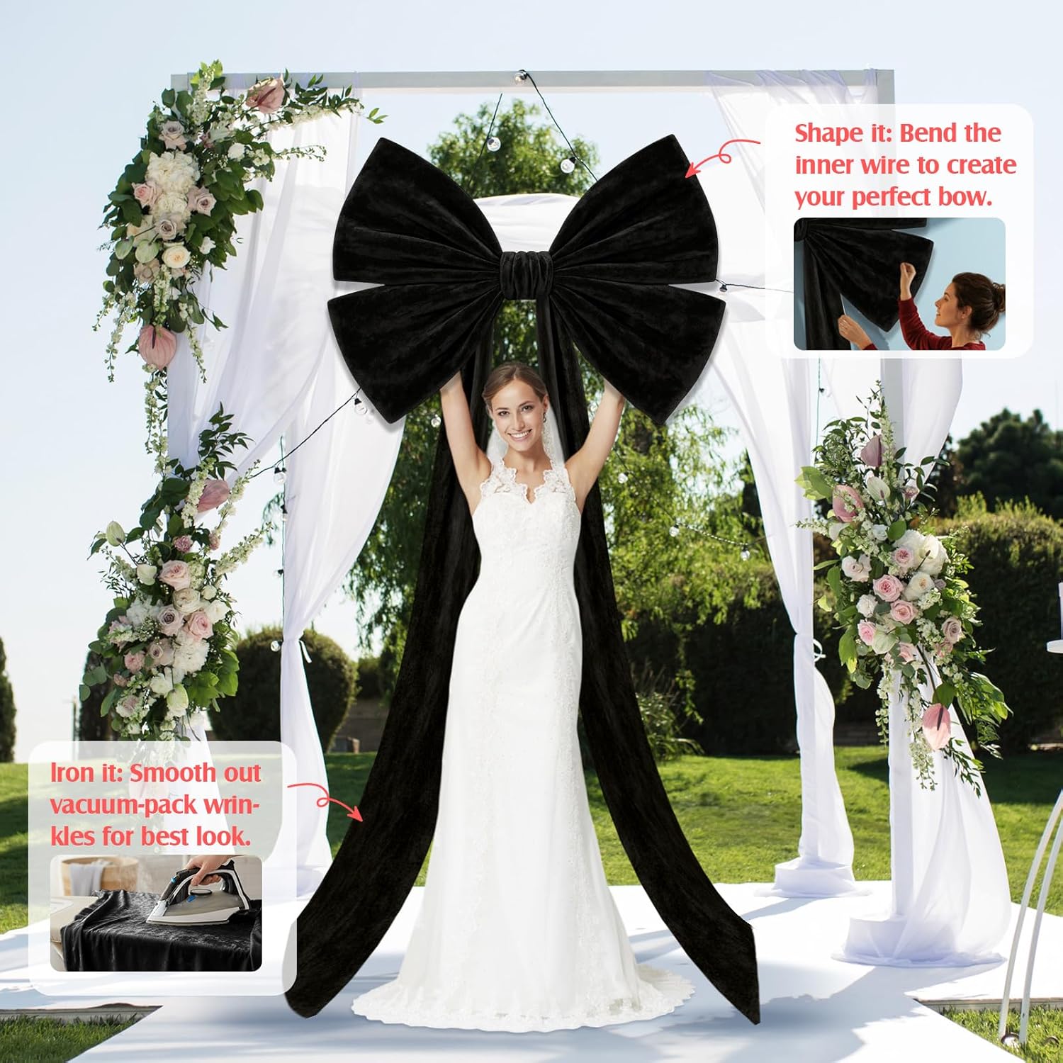 Suncalla Large Black Bows - 40 x 80 Inch Velvet Giant Bow for Wedding Decorations | Extra Long Streamers