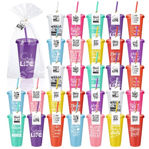 Funnymoom 30 Sets Nurse Appreciation Gifts Bulk, 24 oz Tumblers with Lids and Straws, Thank You Plastic Cups with Cards and Bags for Nurse Staff Holiday Party Favors(Elegant,Bright Colors)