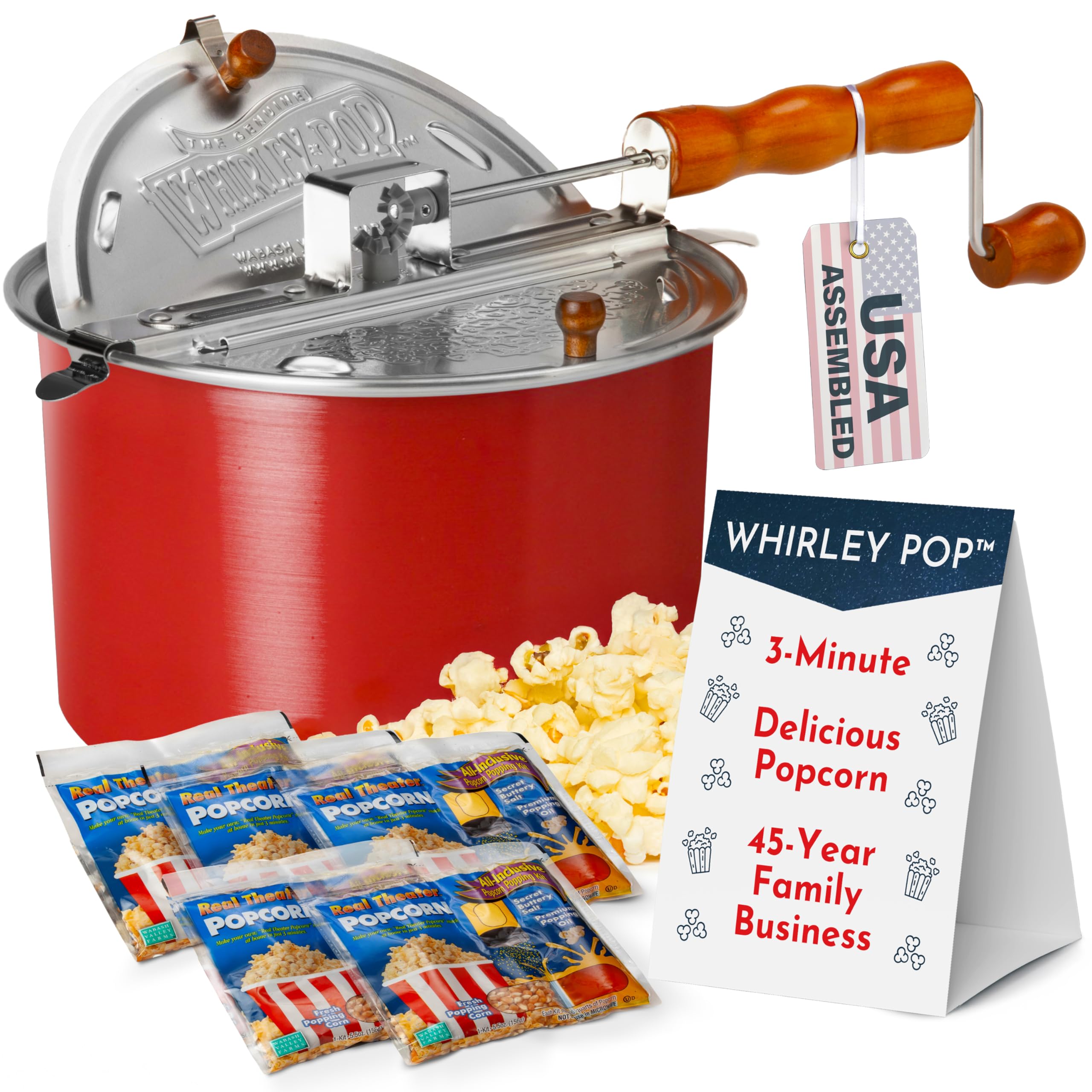 Original Whirley Pop Popcorn Maker - 6 Quart Stovetop Popcorn Popper With Five Popping Kits, Aluminum Popcorn Pot With Nylon Gears, Wabash Valley Farms Stove Top Popcorn Maker, Popcorn Pan (Red)
