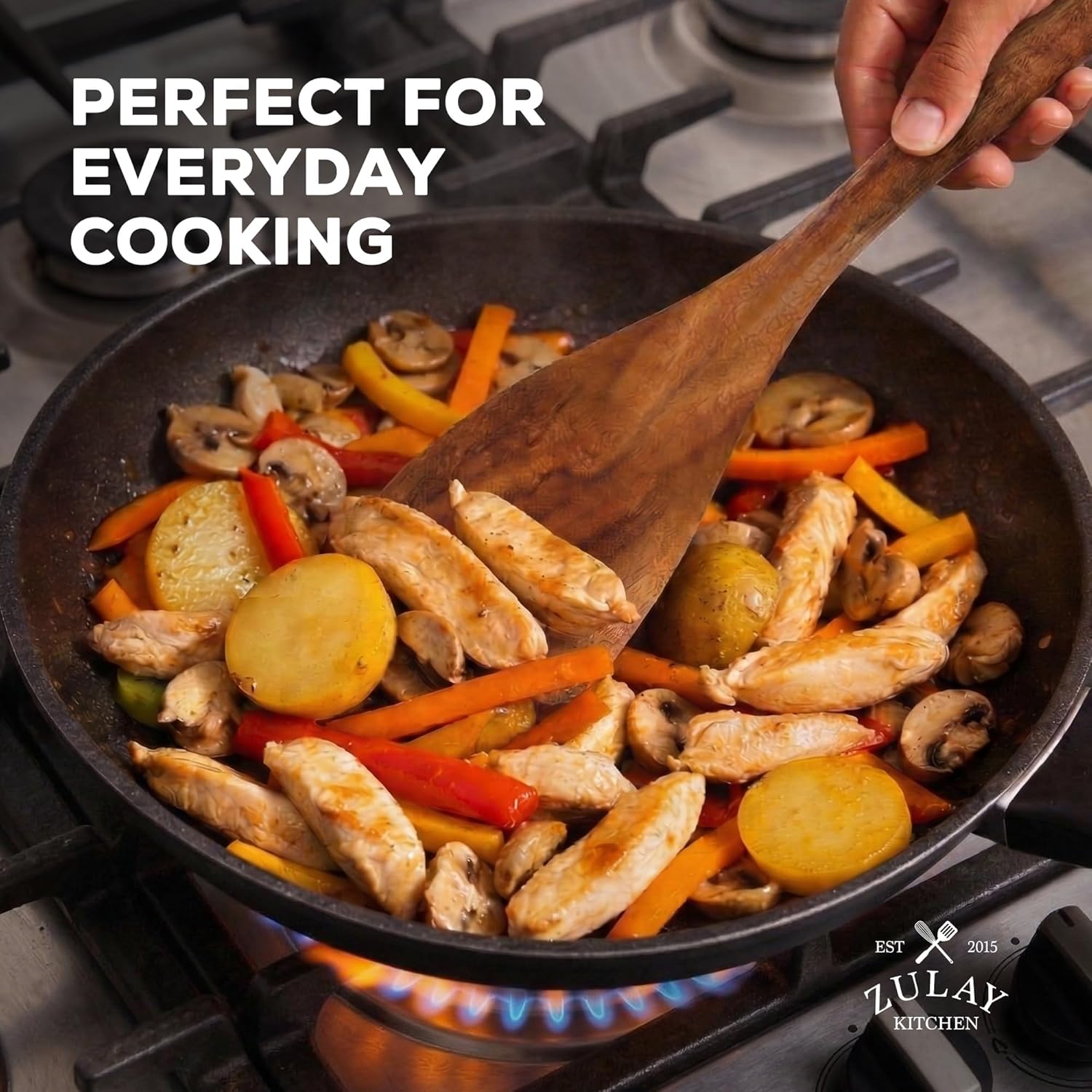 Zulay Kitchen Wooden Cooking Spoons Set - 6 Durable Teak Utensils with Comfort Grip, Easy to Clean