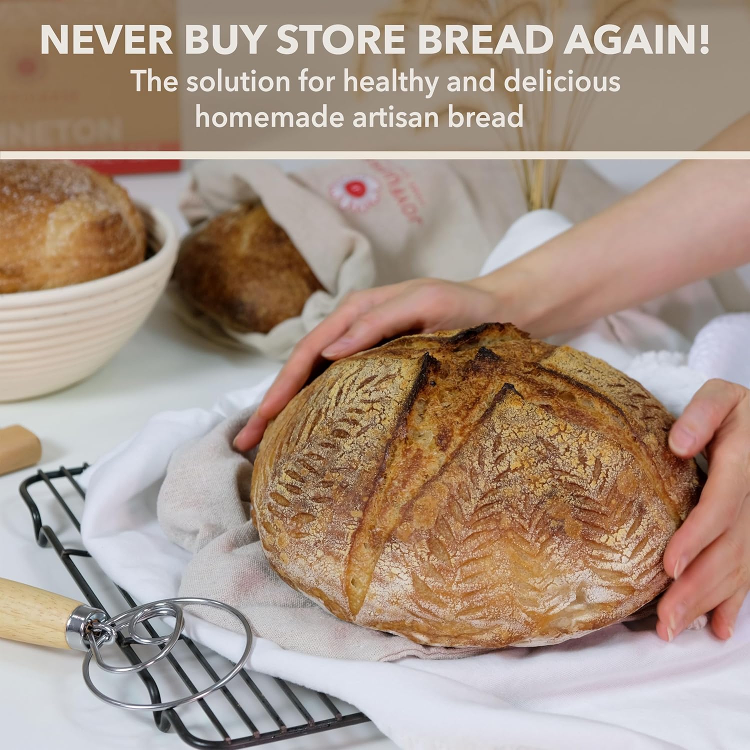 Banneton Bread Proofing Basket Set - 9-Inch Round Sourdough Starter Kit with Tools & Linen Bag