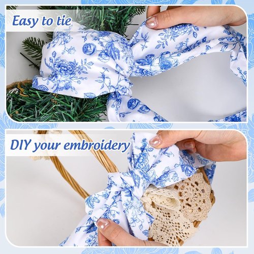 FYSUIMU Blue Flower Wreath Sash - Chinoiserie Floral Garland Ribbon for Holiday Decor | 2 Pcs