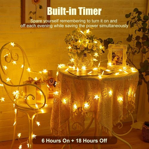 Minetom Star String Lights - 50 LED Battery Operated Fairy Lights, Waterproof for Indoor & Outdoor Decor, 17 ft Warm White