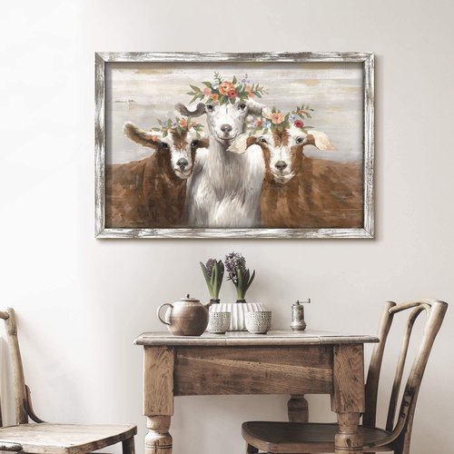 Goat Wall Art Framed Decor: Bathroom Farmhouse Country Animal Portrait Wood Painting Artwork Rustic Farm Lamb with Flower Crown Print Picture for Bedroom Home