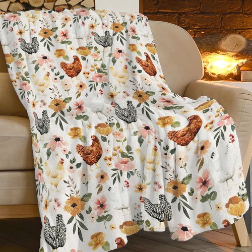 Chicken Floral Blanket Rooster Hen Printed Decor Throw Blanket Warm Soft Plush Lightweight Fleece Flannel Winter Blanket Farm Gifts for Girls Women Farmer Lover Boys Baby Kids Couch Bedding 60"X80"