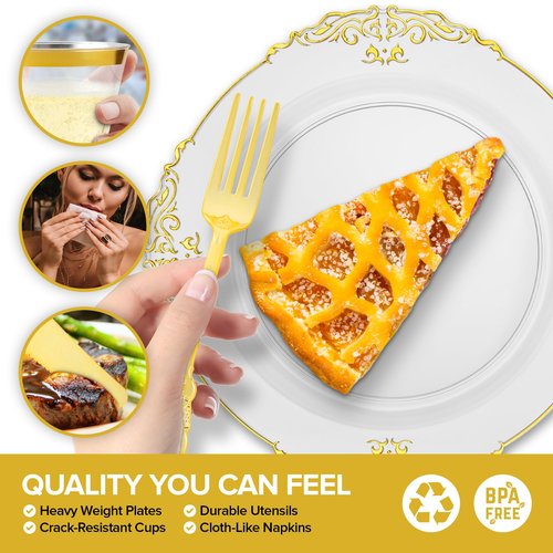 Stock Your Home Clear and Gold Plates Set with Pre-Rolled Cutlery with Napkins & Gold Cups, Dinnerware for 50 Guests (350pcs), Disposable Party Sets for Wedding, Bridal Shower, Graduation Parties
