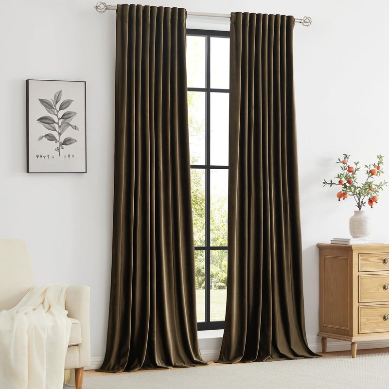 PRIMROSE Brown Polyester Velvet Curtains 102 inch Long for Living Room,Set of 2 Panels Blackout Rod Pocket Back Tab Window Treatment Room Darkening Heavy Decorative Curtains Drapes for Bedroom