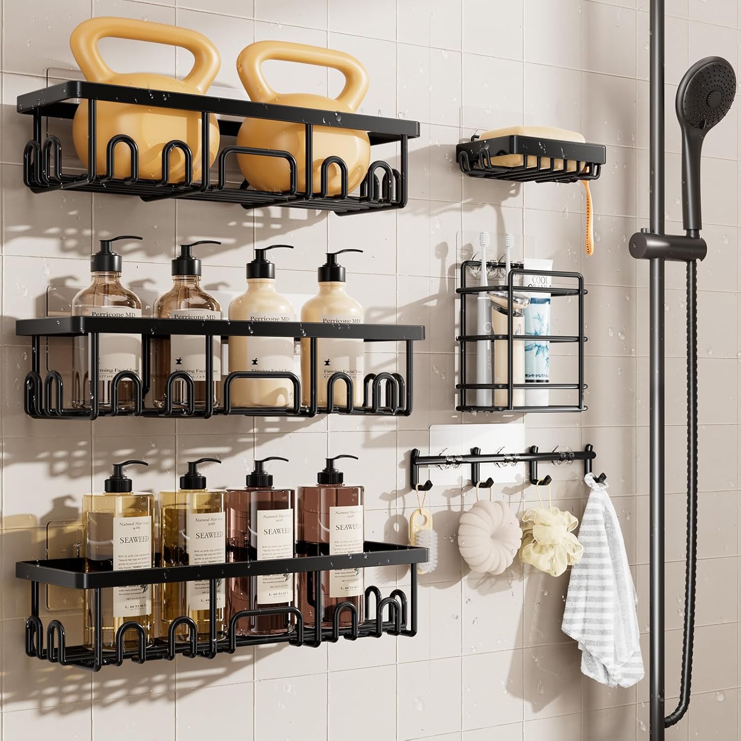 Veken Shower Caddy - Rustproof No-Drill Adhesive Shelves | Large Capacity Bathroom Organizer - Black