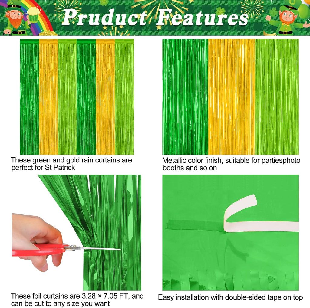 St. Patrick's Day Party Decorations - 2 Pack Green & Gold Metallic Backdrop Curtains | 3.28 FT x 7.05 FT