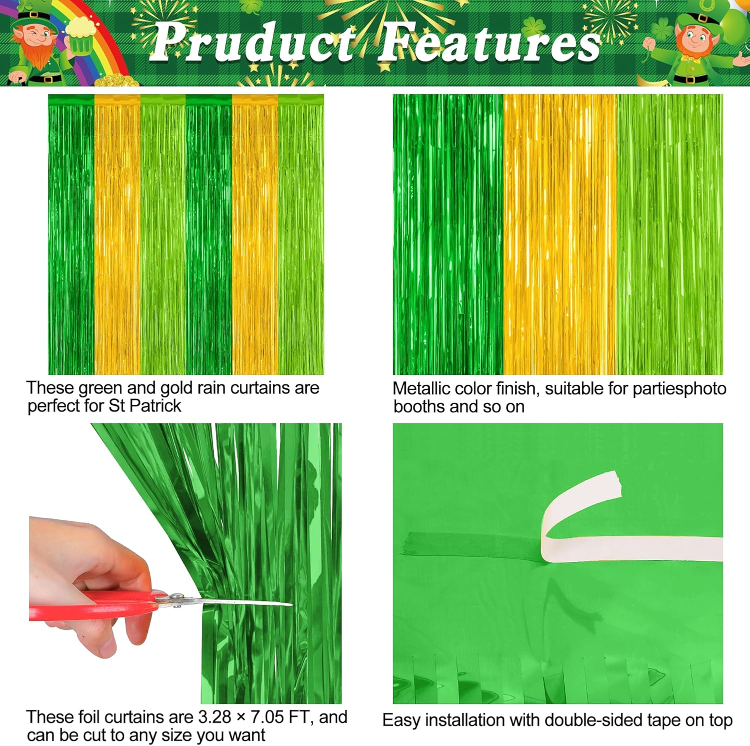 St. Patrick's Day Party Decorations - 2 Pack Green & Gold Metallic Backdrop Curtains | 3.28 FT x 7.05 FT