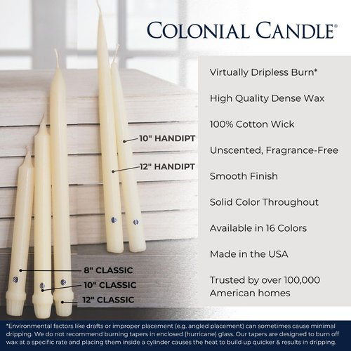 Colonial Candle Unscented Taper Candle, Handipt Collection, Mulberry, 12 in, Pack of 12 - Up to 10 Hours Burn