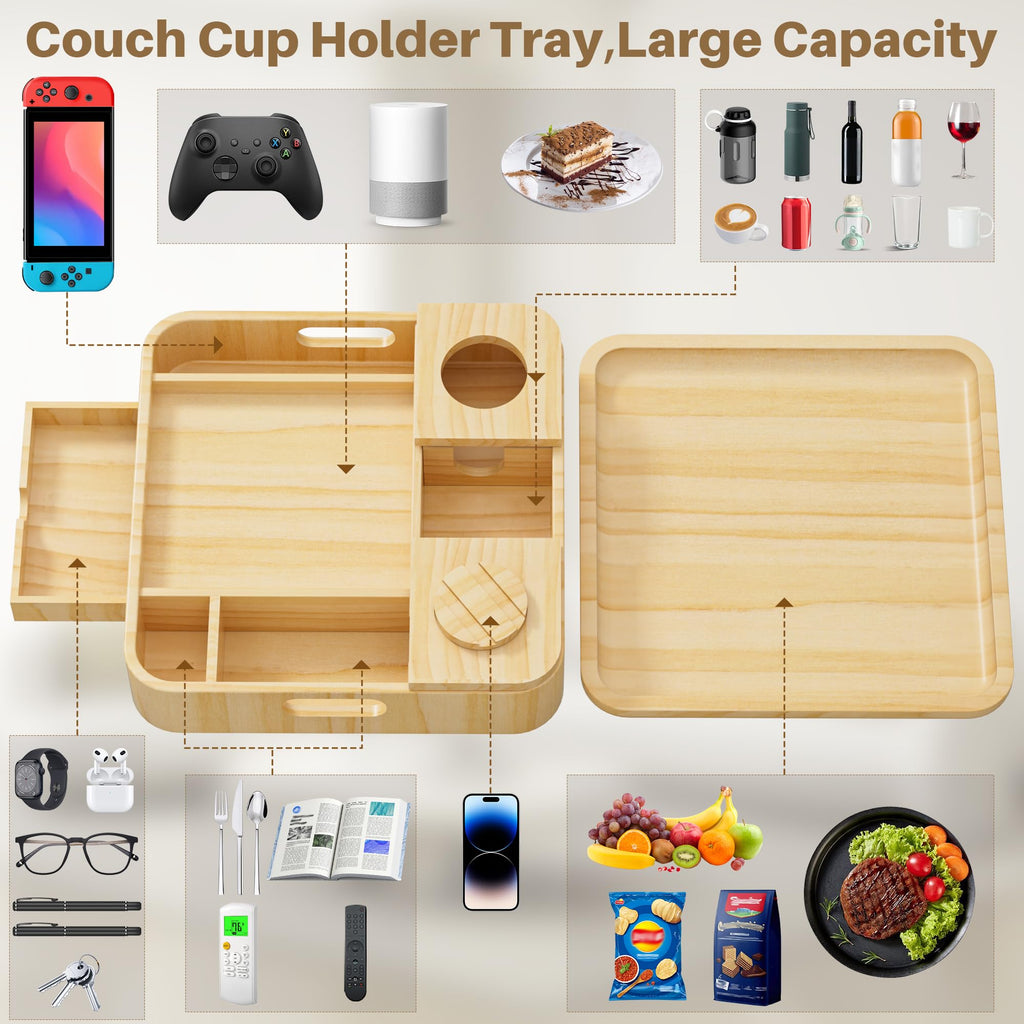Couch Cup Holder, Couch Tray Cup Holder Sofa Tray, Large Capacity Two-Tier Wooden Trays with Drawer for Sofa, Bed, Picnic, Drinks, Snacks, Remote, Cell Phone, Headphones (Solid Pine Wood)12.8*12.8 in