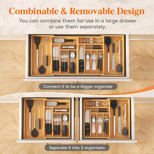Lifewit Bamboo Silverware Drawer Organizer - Expandable 21.4 to 36 Inches | 13 Compartments for Utensils