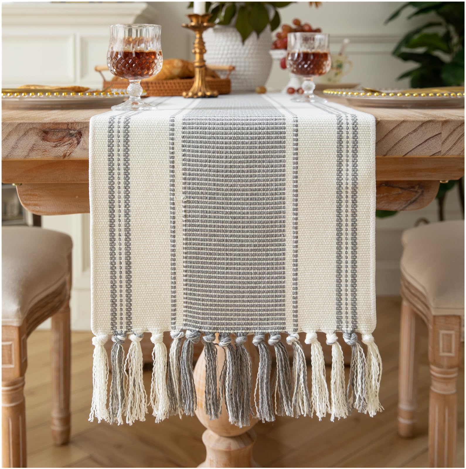 Caflife Boho Table Runner Natural Stripe for Modern Farmhouse Coffee Table Decor, Rustic Woven Runner with Handcrafted Tassels for Home Dining Table décor 13 x 90 Inch Long