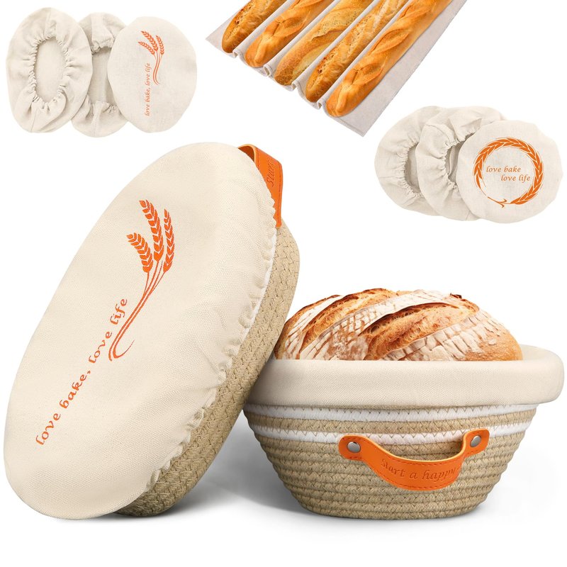 Reeple Banneton Sourdough Bread Proofing Basket Set of 2, Oval & Round Cotton Rope Bread Supplies Proofing Bowls with Liners and Covers for Sourdough Bread Baking