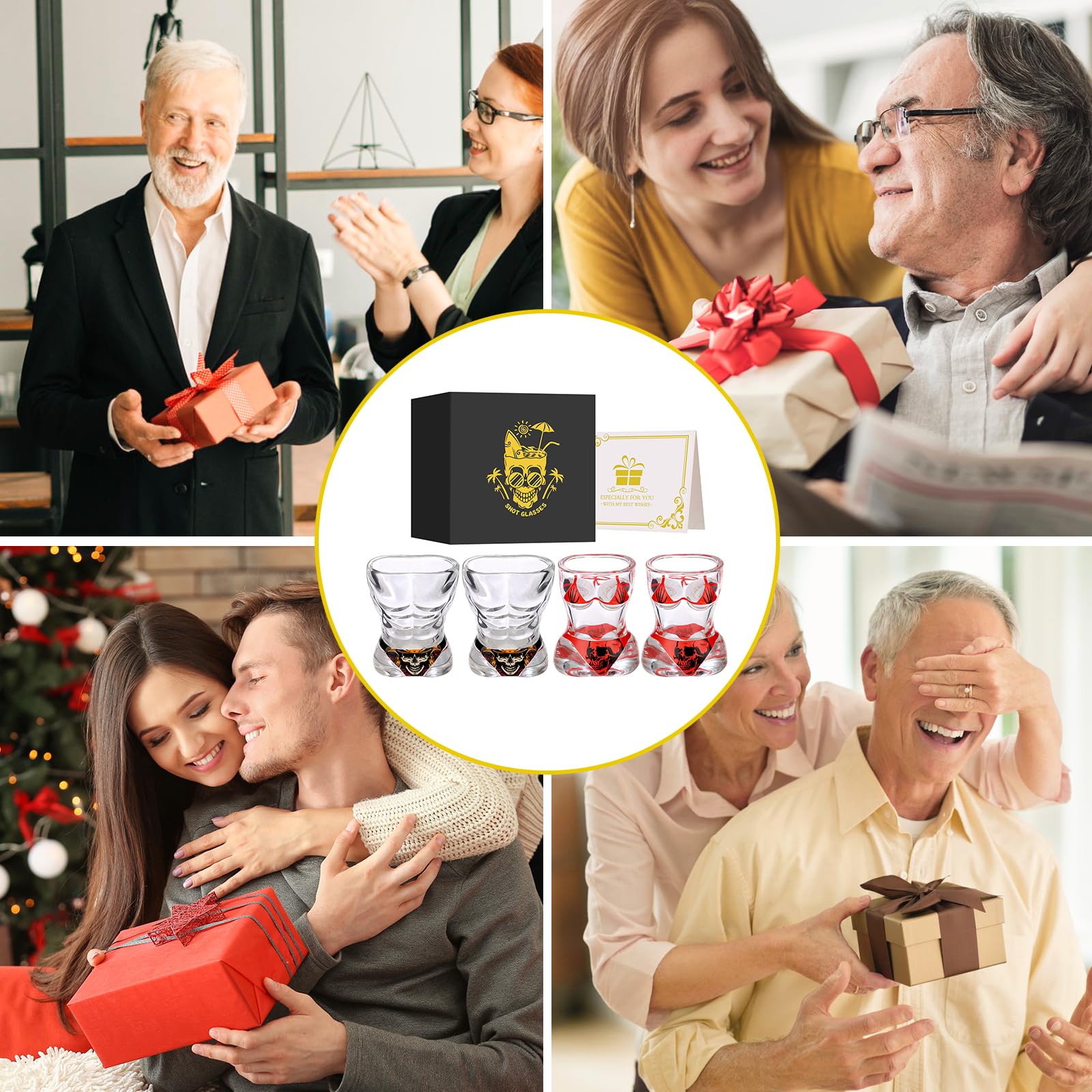 Muscle Man & Bikini Glass Shot Glasses, Personality Skull Design, 30ml Heavy Base Shot Cups Set of 4 with Gift Box for Alcohol Shots, Vodka, Expresso, Tequila & Dessertsor Birthday Christmas Gift